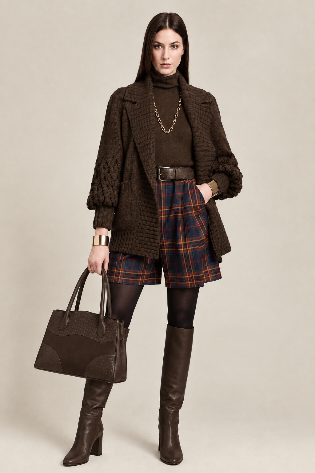 Women's dark brown custom-made classic knee-high boots with round toe and high block heel- Top view